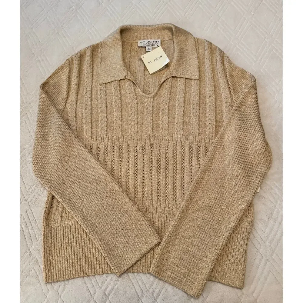 NWT VTG ST. JOHN COLLECTION Marie Gray Gold Metallic Knit Polo Sweater 90s S 16✨